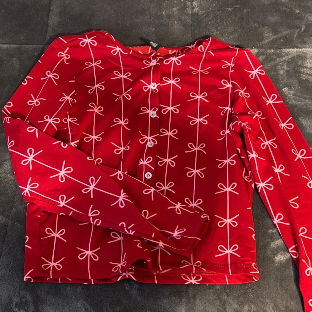 Red Long Sleeve Top with Bow Pattern